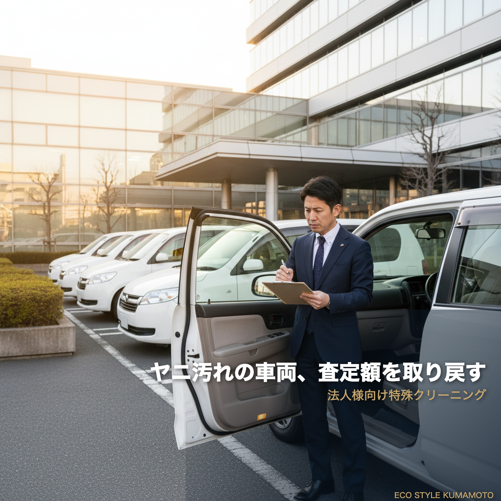 年度末の社用車入替で車両の状態を確認するビジネスマン