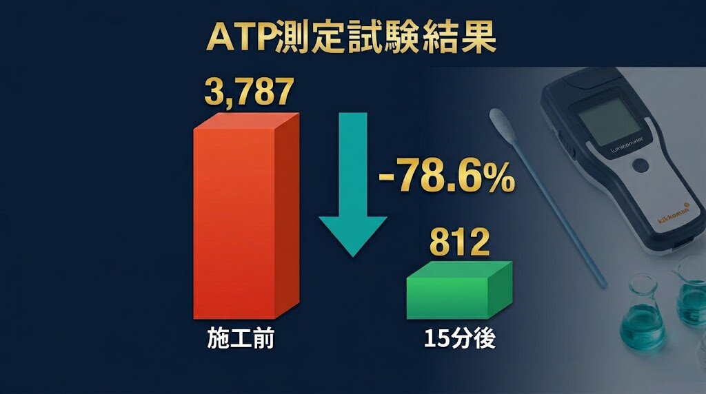 ATP 測定試験結果 施工前 3,787 → 15分後 812 (-78.6%) キッコーマン (株) ルミテスター