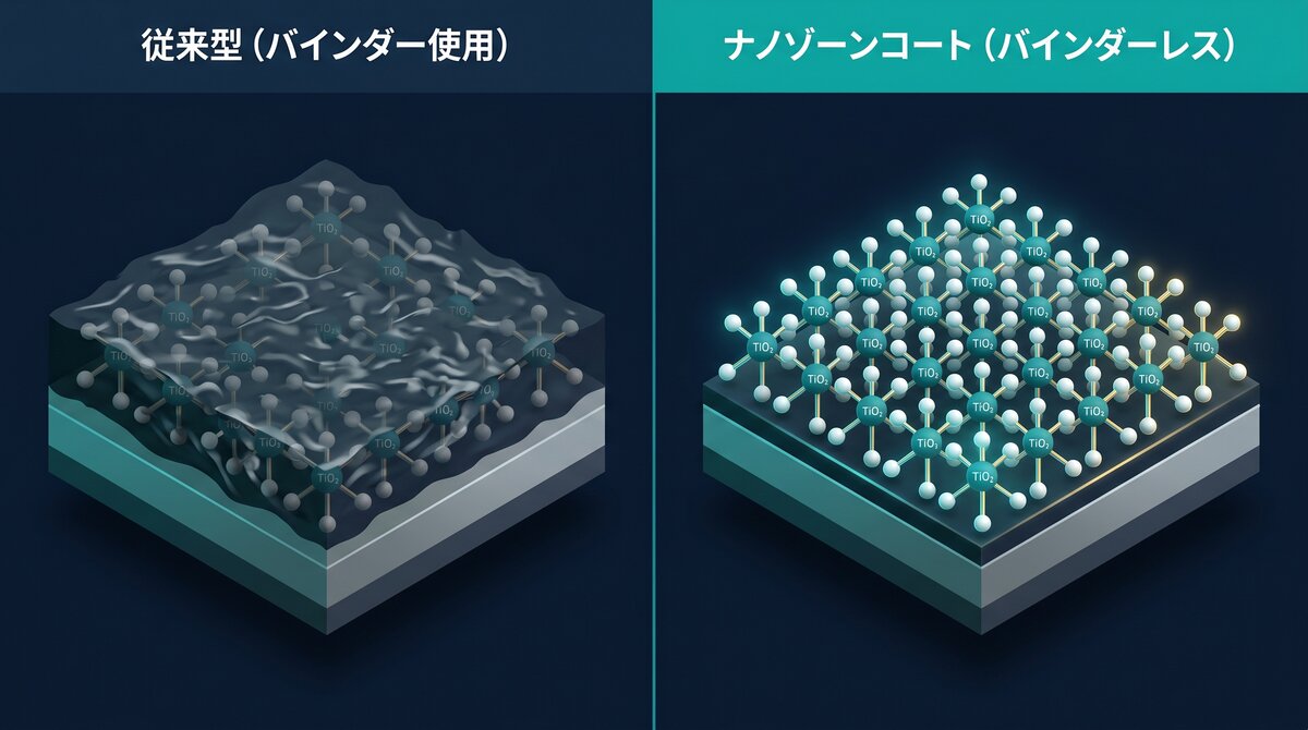 ナノゾーンコート モビリティ バインダーレス処方 vs 従来型 分子レベル比較