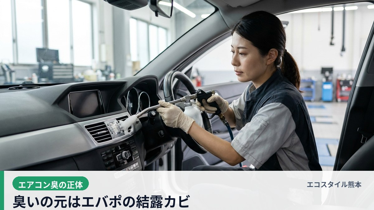 エコスタイル熊本 - エアコンのエバポレーター洗浄を行うスタッフ - エアコン臭の原因対処