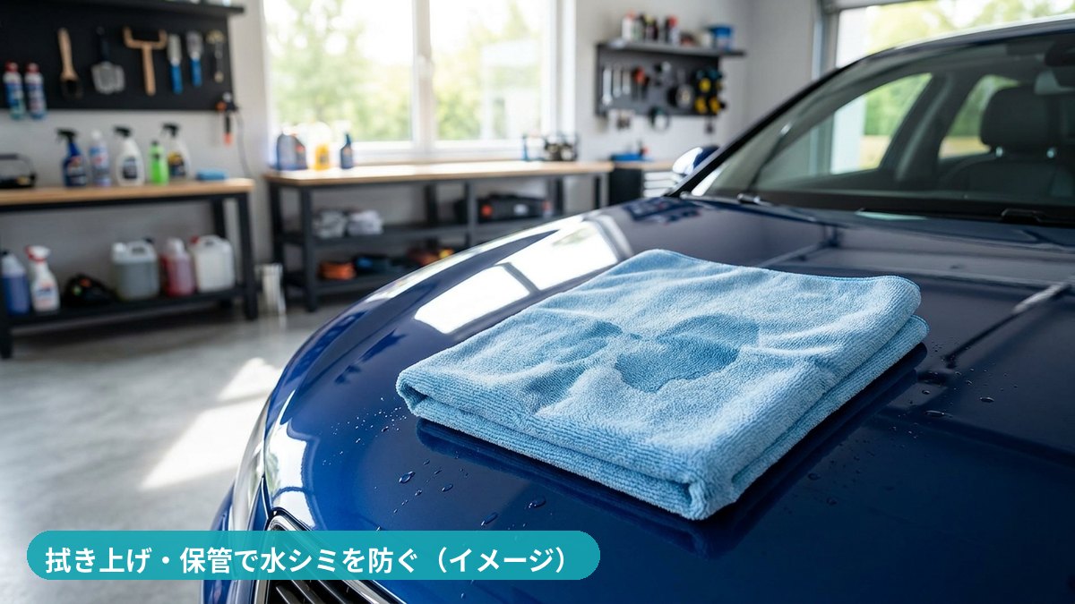 エコスタイル熊本 - 洗車後の車体をマイクロファイバークロスで拭き上げる準備 - 水シミ・イオンデポジット予防
