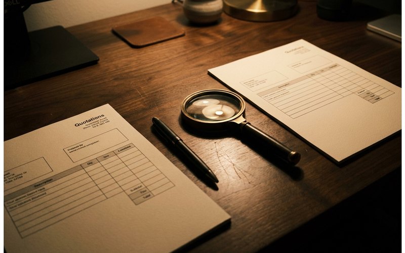 カーコーティングの見積書を2社分並べて比較しているイメージ