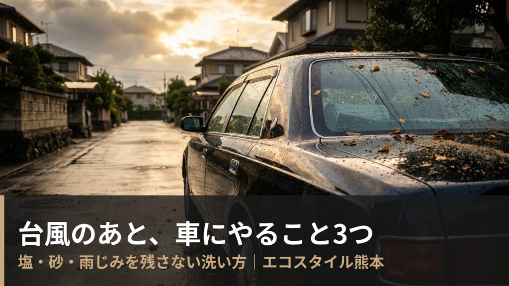 台風のあとの車にやること3つ｜塩・砂・雨じみを残さない洗い方（エコスタイル熊本）