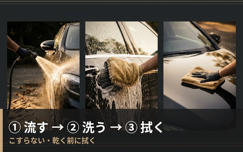 台風後の洗車の順序：①水で流す→②泡で洗う→③乾く前に拭く