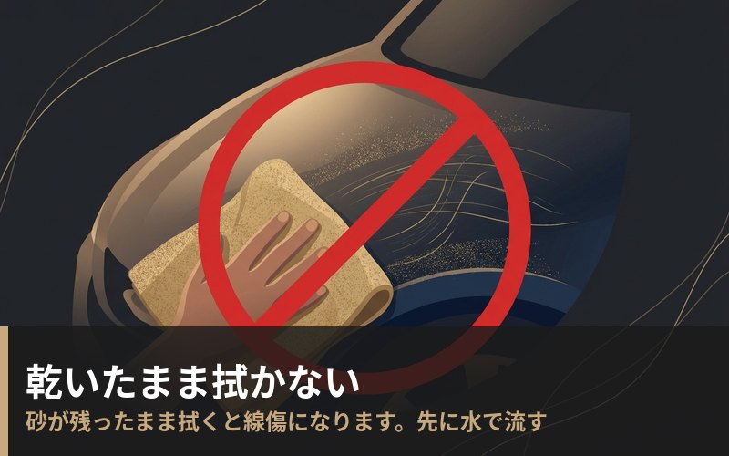 乾いたまま拭かない：砂が残ったまま拭くと線傷になる