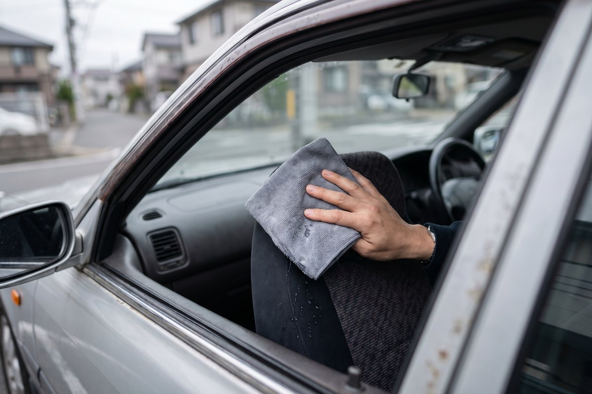 車が汗臭いときに、固くしぼった布でシートの背もたれをたたくようにふいている手元