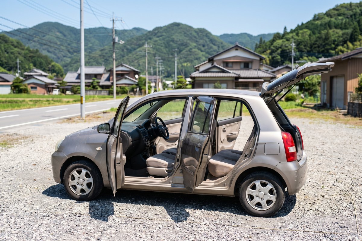 ドアと窓を開けて、日差しで車内を乾かしているところ