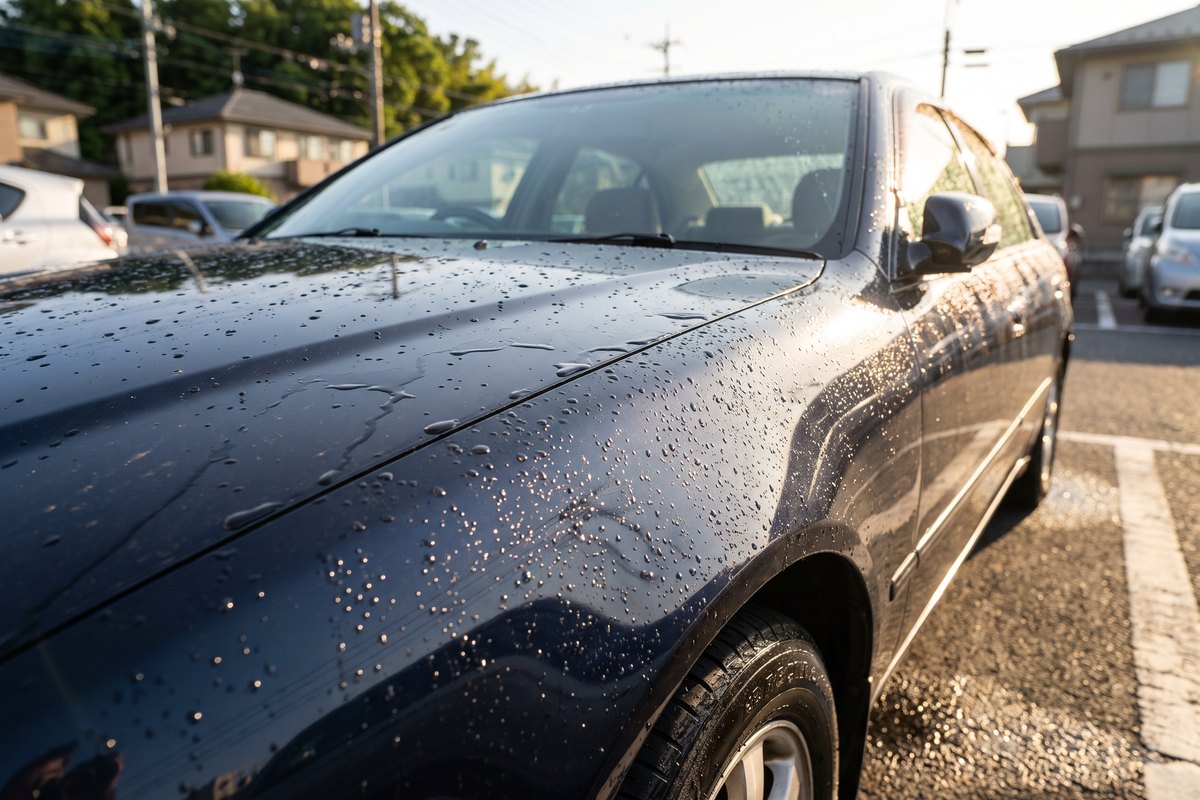 洗車のあと、拭き残した水滴がボンネットに残っているところ
