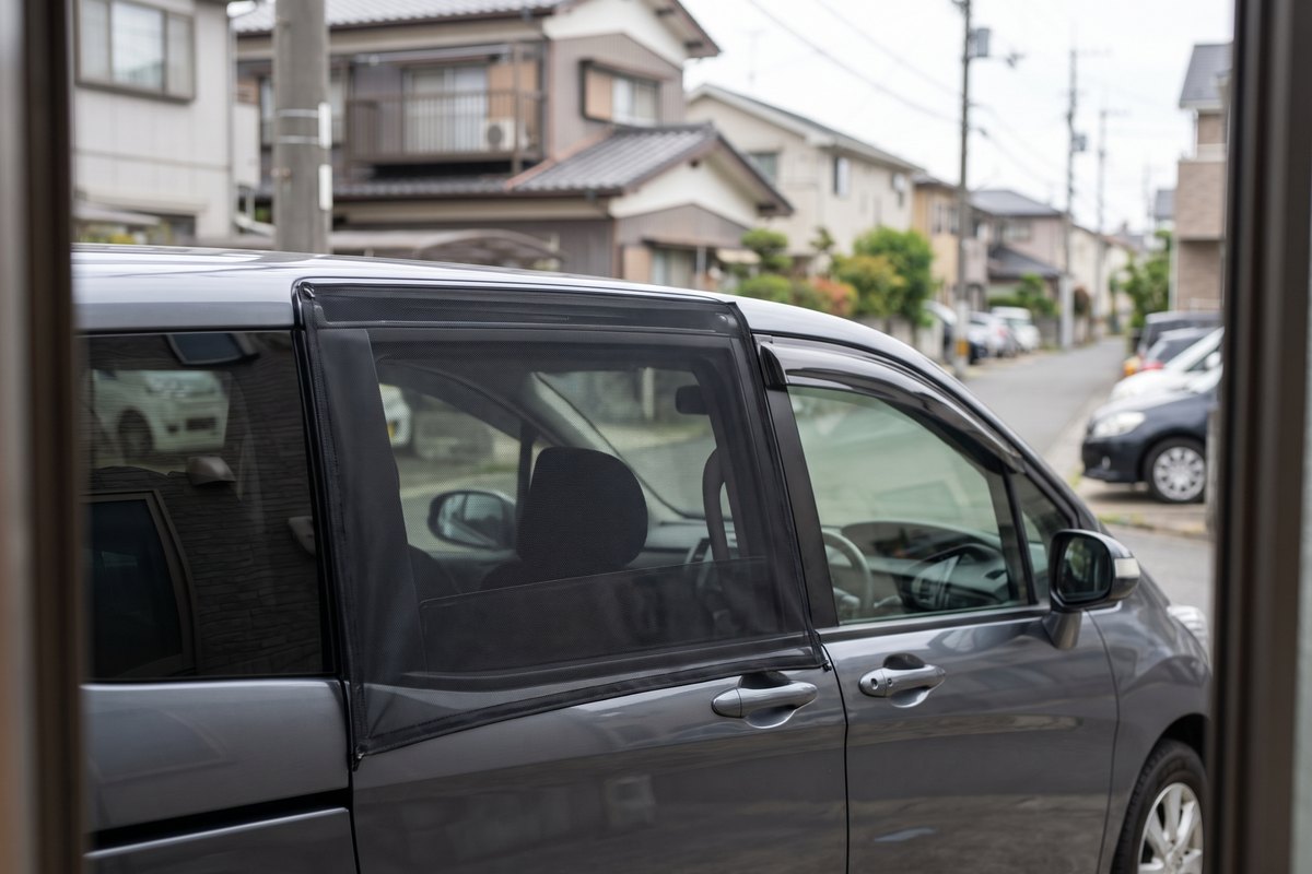 車中泊の結露対策として、後ろの窓を少しだけ開けて網（ウインドーネット）を付けたところ