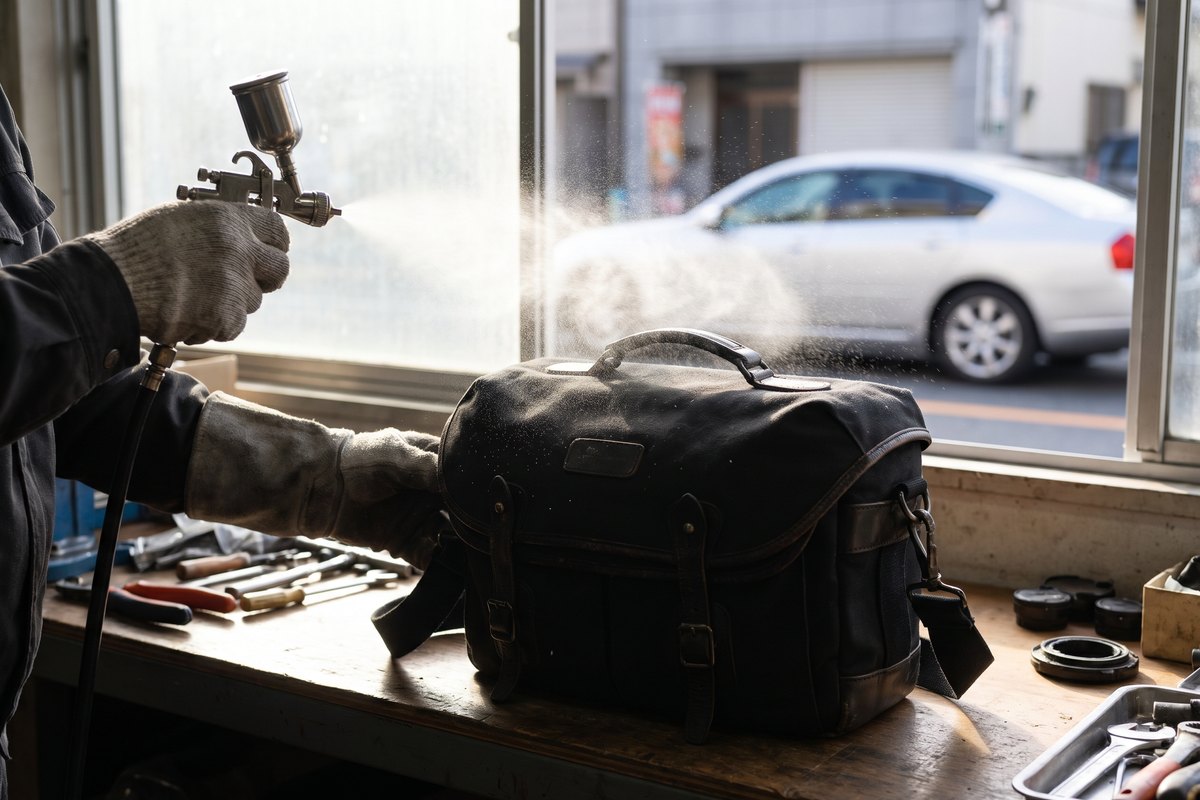 カメラバッグの外側に、スプレーガンで噴霧しているところ